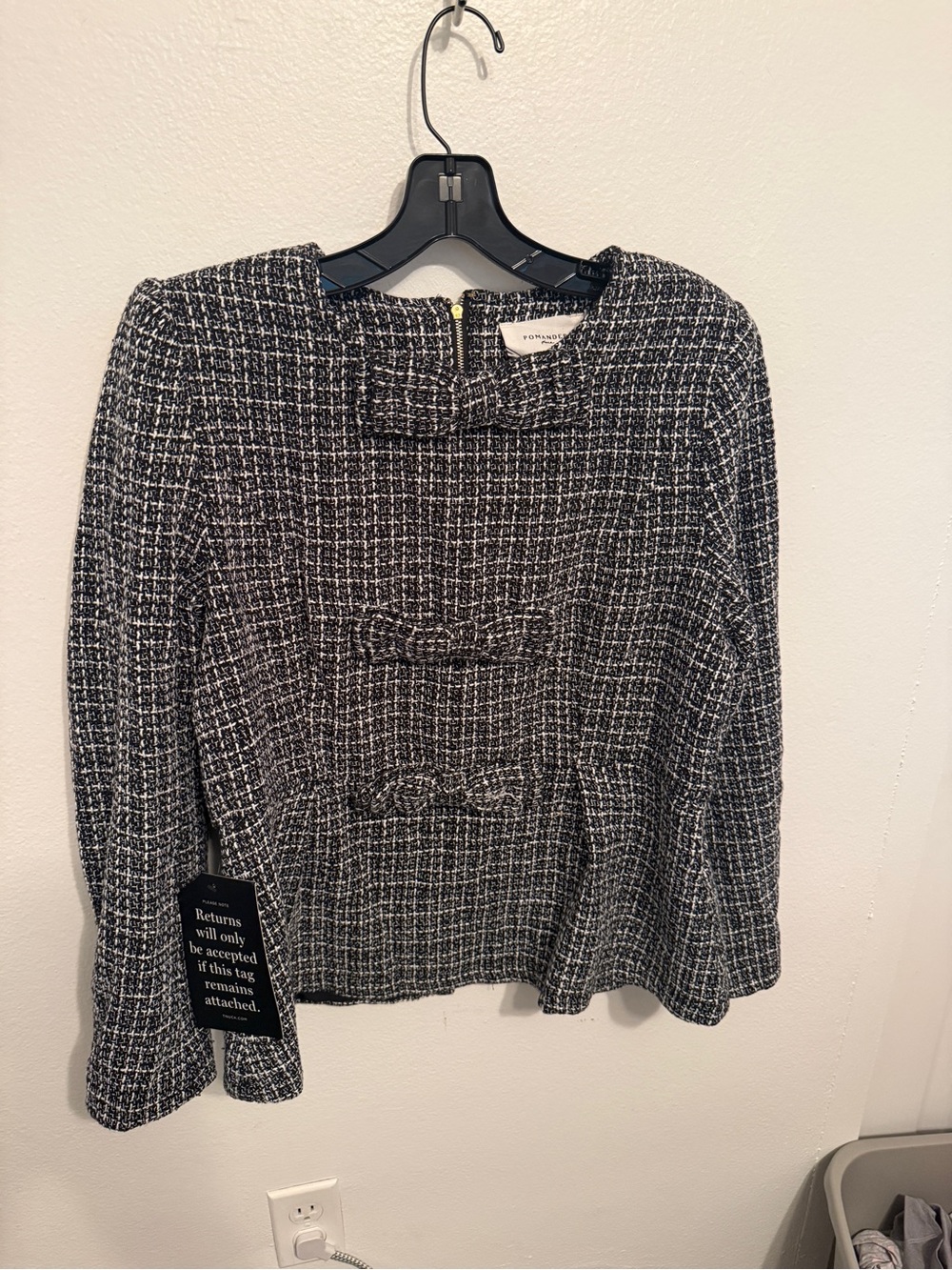 Pomander Place Black & White Tweed Bow-Detail Jacket